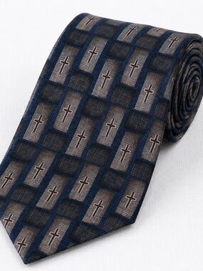 Christian’s Closet 100% Silk Cross Pattern Blue Gray Religious Tie Vintage